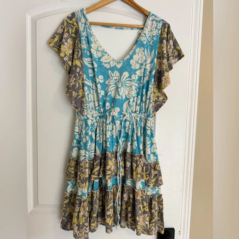 Anthropologie Turquoise Floral Daily Practice Tiered Ruffle Mini Dress Floral - Picture 3 of 9